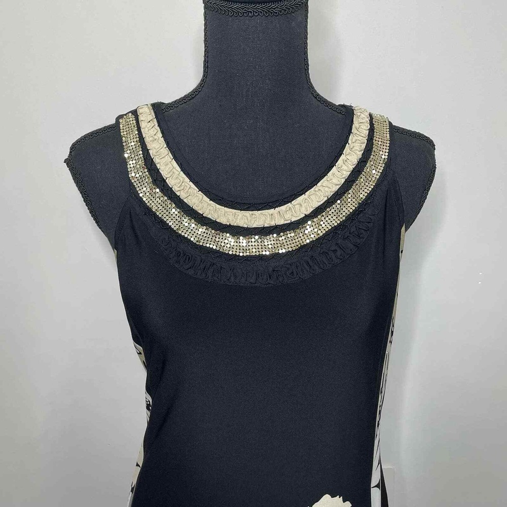 Sandra Darren Black Floral Sheath Dress Gold Sequin Embellished Wedding Guest 8 - Picture 5 of 13